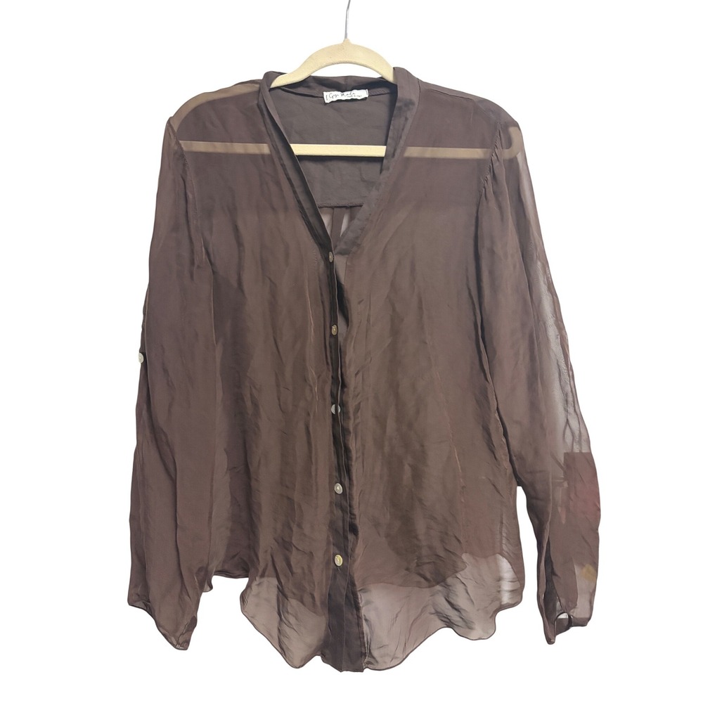 Gigi Moda Sheer Silk Blend Button Down Brown Blouse Sheer Roll Tab OS